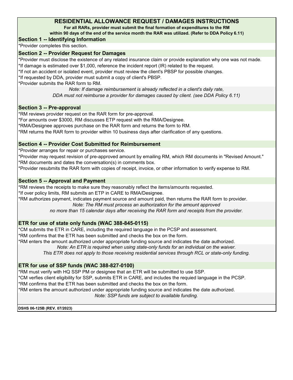 DSHS Form 06-125B Residential Allowance Request - Damages - Washington, Page 2
