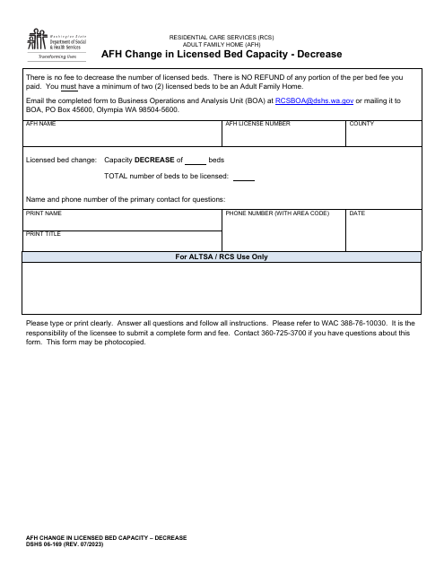 DSHS Form 06-169  Printable Pdf