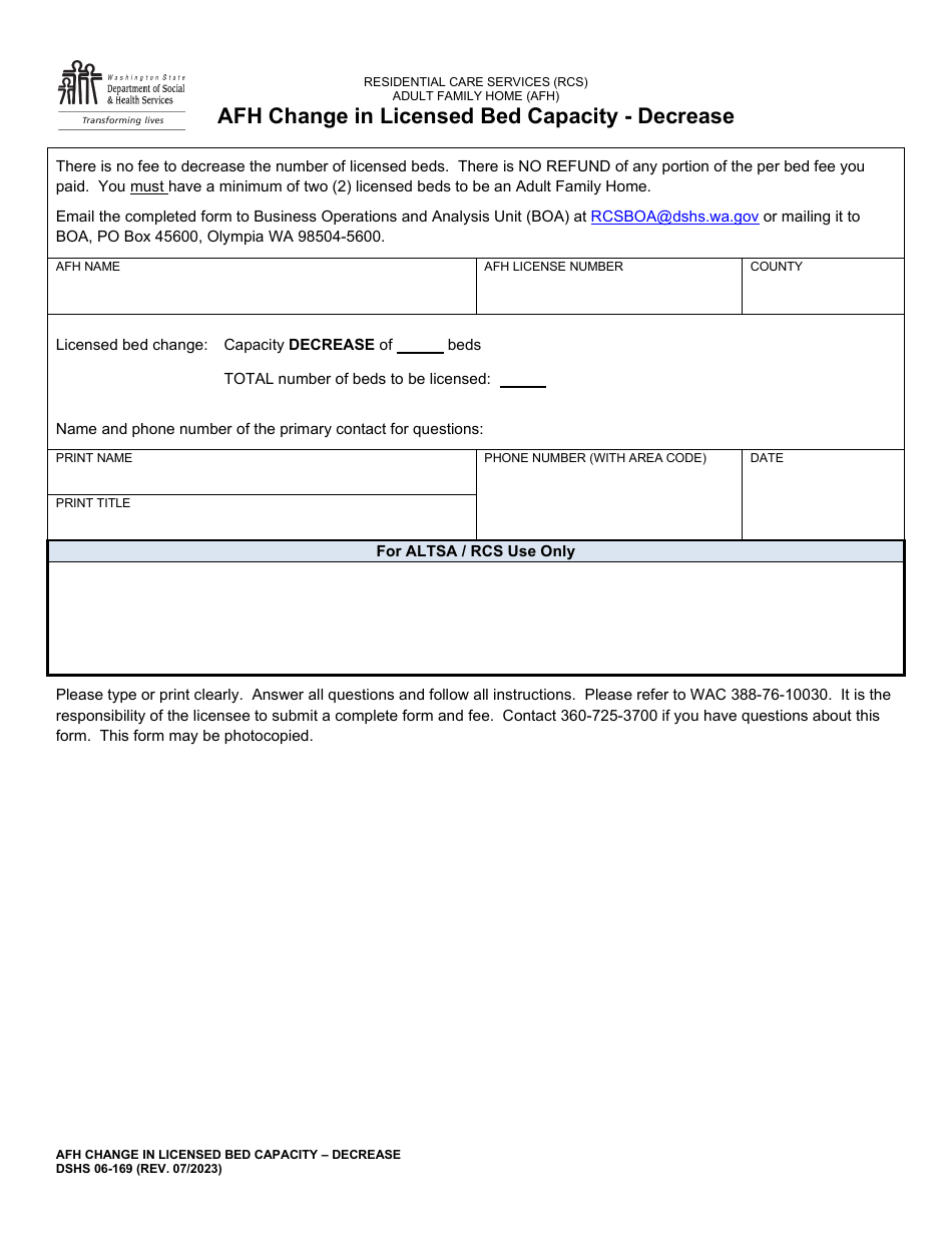DSHS Form 06-169 Afh Change in Licensed Bed Capacity - Decrease - Washington, Page 1