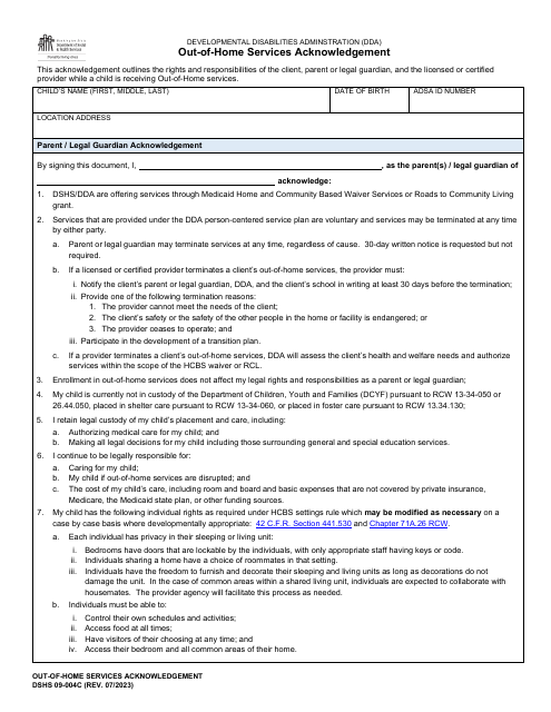 DSHS Form 09-004C Out-Of-Home Services Acknowledgement - Washington