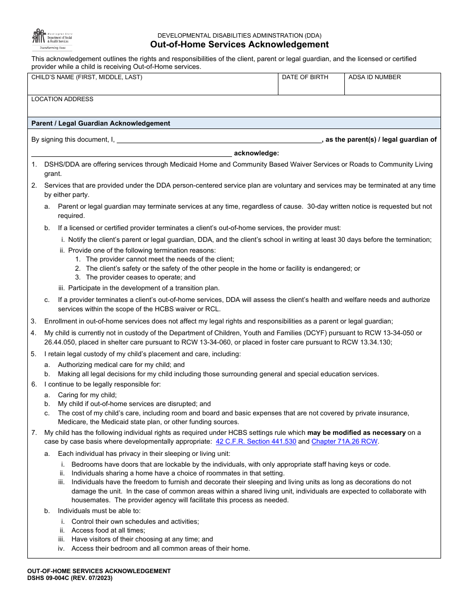 DSHS Form 09-004C Out-Of-Home Services Acknowledgement - Washington, Page 1