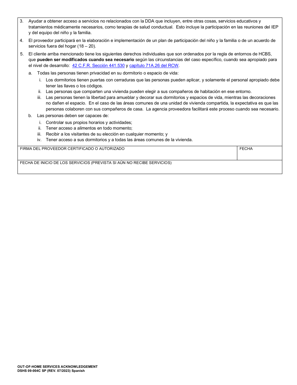 DSHS Formulario 09-004C Aceptacion De Servicios Fuera De Hogar - Washington (Spanish), Page 3