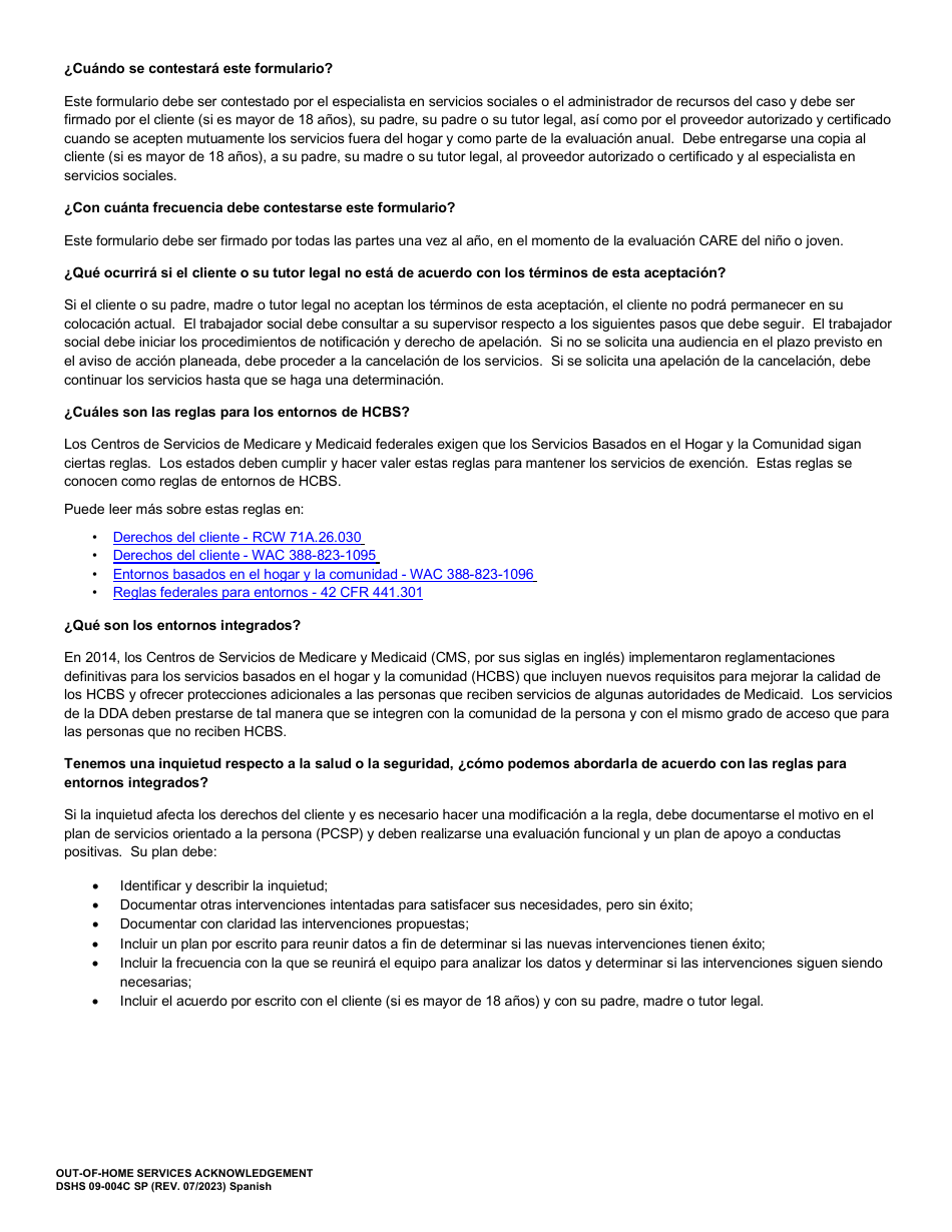 DSHS Formulario 09-004C Aceptacion De Servicios Fuera De Hogar - Washington (Spanish), Page 4