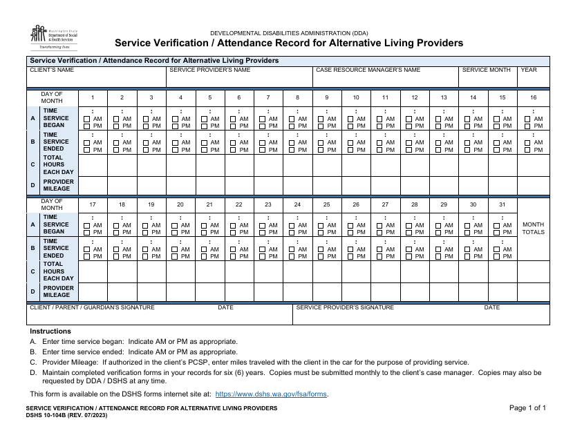 DSHS Form 10-104B Service Verification/Attendance Record for Alternative Living Providers - Washington