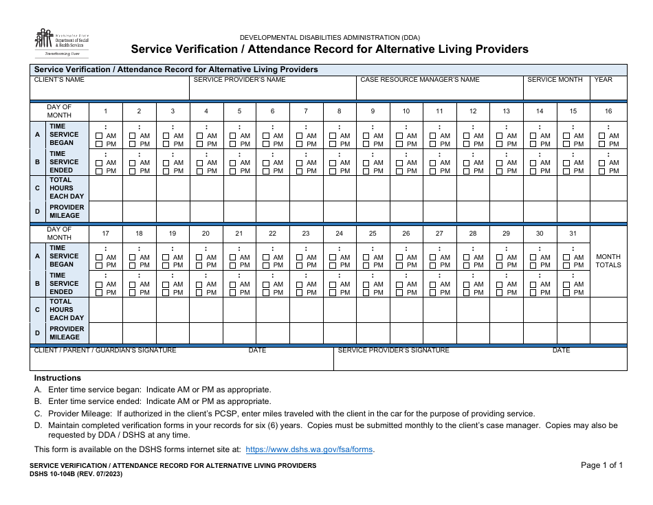 DSHS Form 10-104B Download Printable PDF Or Fill Online Service ...