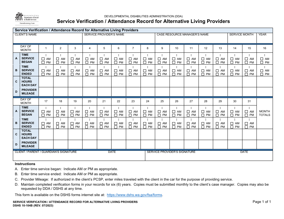 DSHS Form 10-104B Service Verification / Attendance Record for Alternative Living Providers - Washington, Page 1