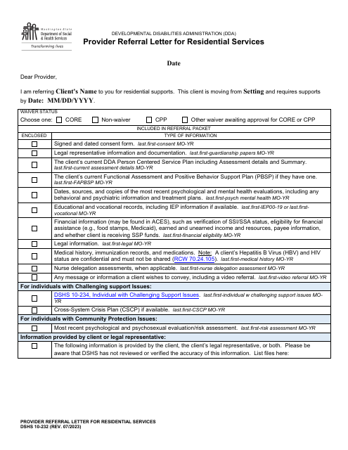 DSHS Form 10-232  Printable Pdf