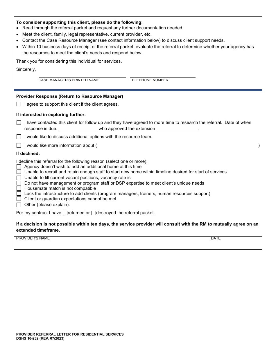DSHS Form 10-232 Provider Referral Letter for Residential Services - Washington, Page 2