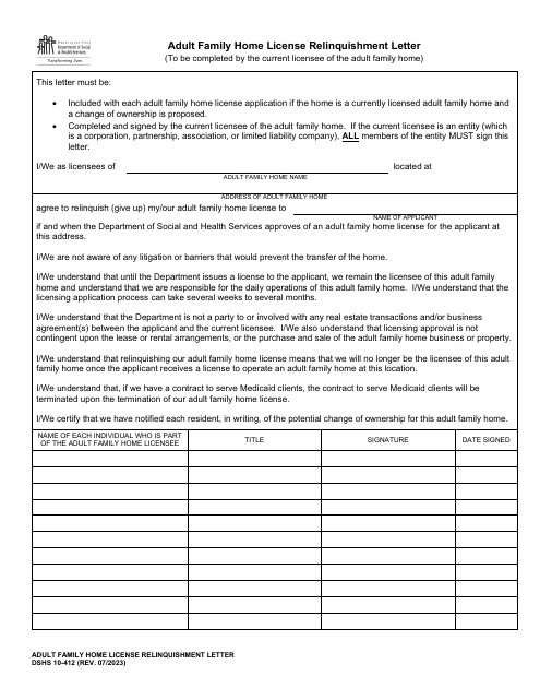 DSHS Form 10-412 Adult Family Home License Relinquishment Letter - Washington