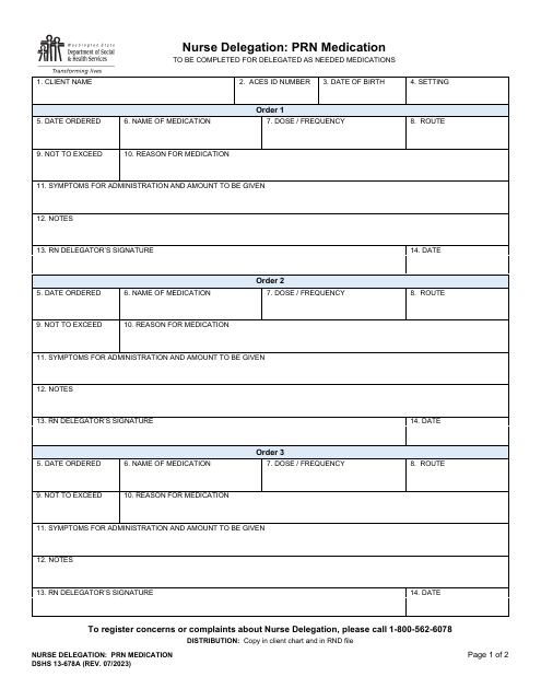 DSHS Form 13-678A Nurse Delegation: Prn Medication - Washington