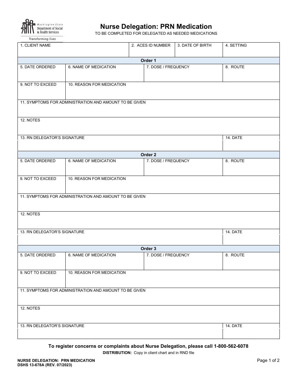 DSHS Form 13-678A Nurse Delegation: Prn Medication - Washington, Page 1