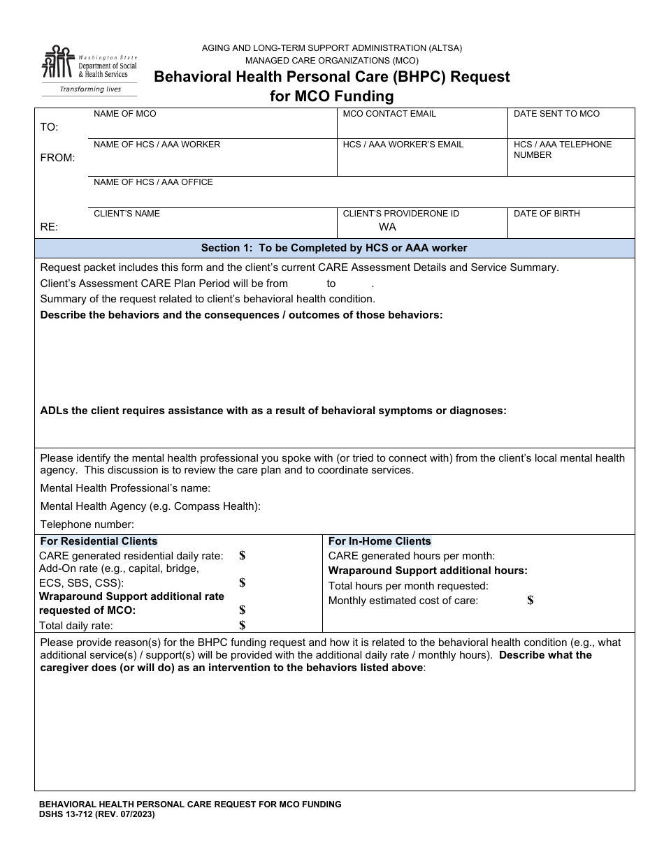 DSHS Form 13-712 Behavioral Health Personal Care (Bhpc) Request for Mco Funding - Washington, Page 1