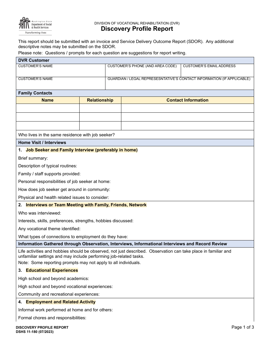 DSHS Form 11-180 Discovery Profile Report - Washington, Page 1