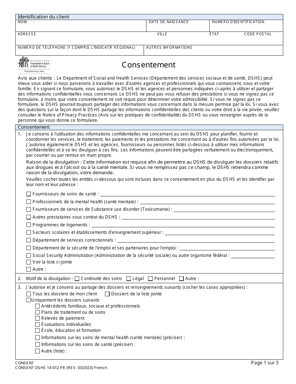 DSHS Form 14-012 Consent - Washington (French), Page 1