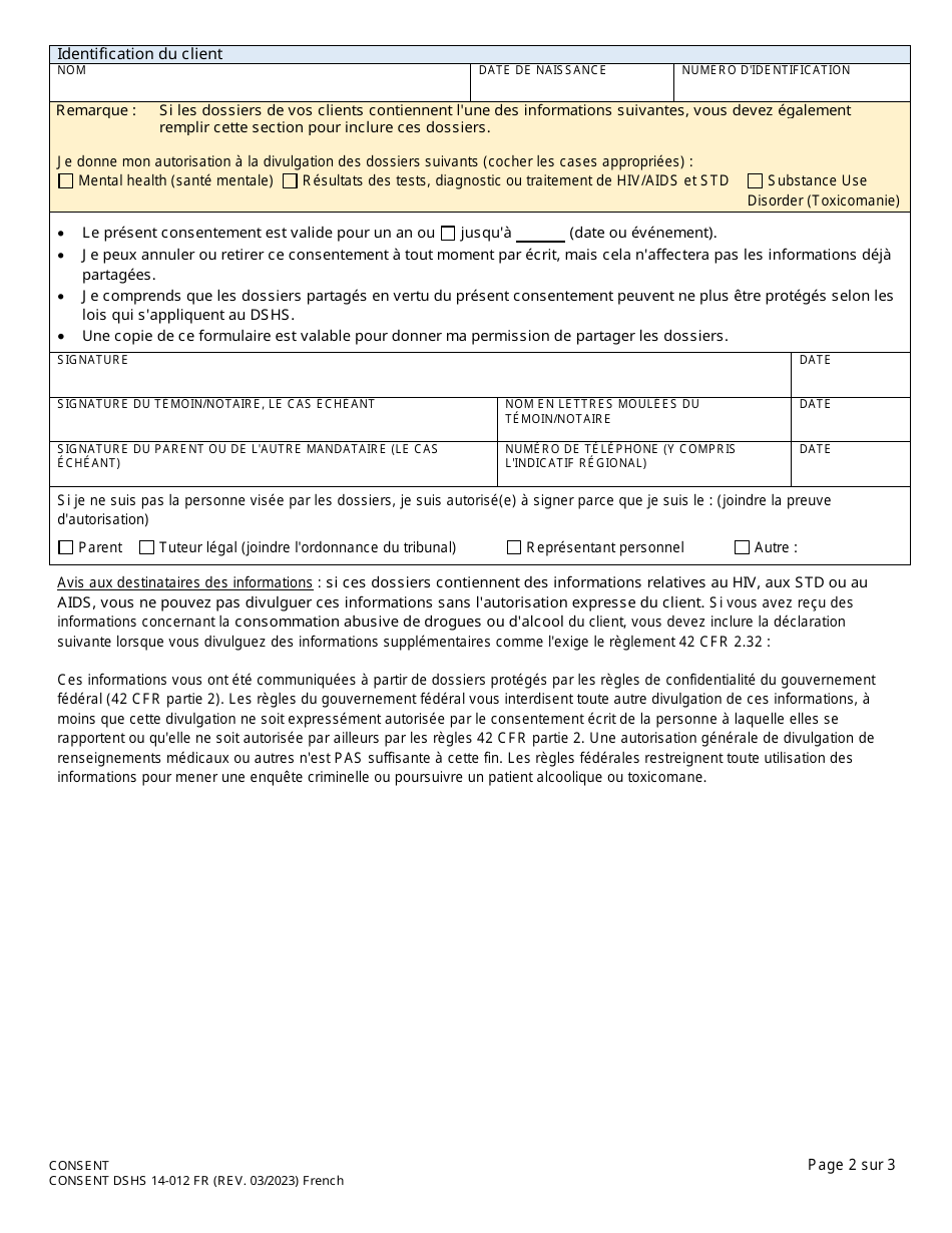 DSHS Form 14-012 Consent - Washington (French), Page 2
