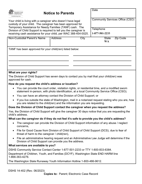 DSHS Form 14-402 Notice to Parents - Washington