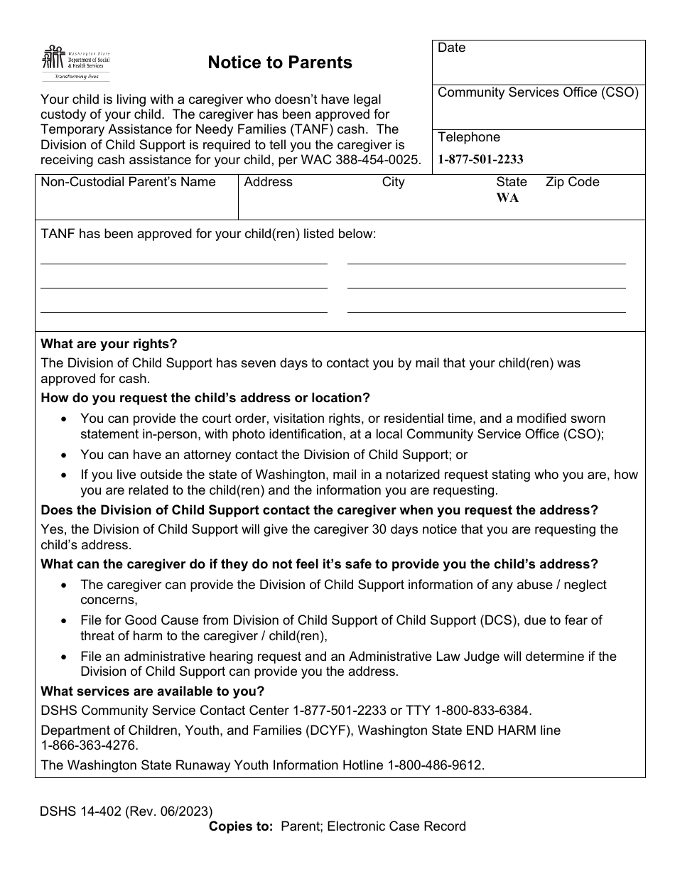 DSHS Form 14-402 Notice to Parents - Washington, Page 1