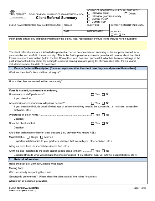 DSHS Form 15-358  Printable Pdf