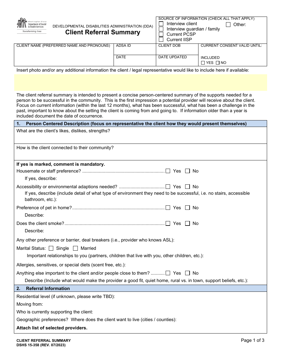 DSHS Form 15-358 Client Referral Summary - Washington, Page 1