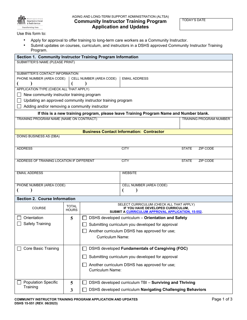 DSHS Form 15-551 Community Instructor Training Program Application and Updates - Washington, Page 1