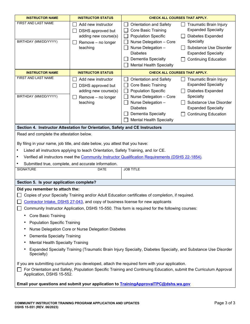 DSHS Form 15-551 Community Instructor Training Program Application and Updates - Washington, Page 3