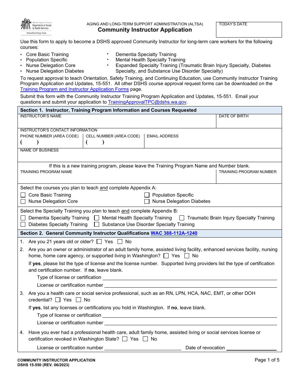 DSHS Form 15-550 Community Instructor Application - Washington, Page 1