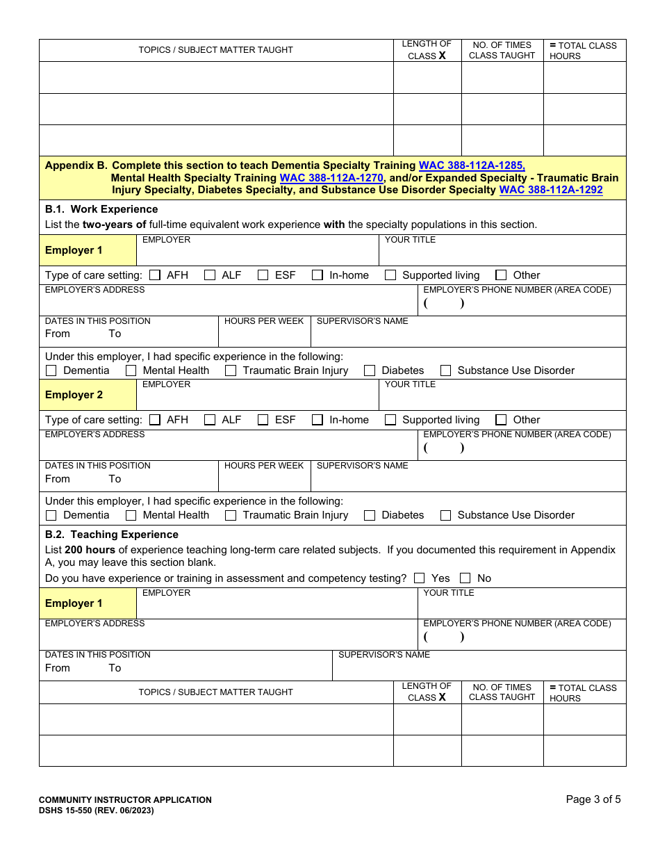 DSHS Form 15-550 Community Instructor Application - Washington, Page 3