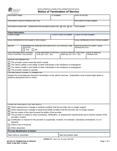 DSHS Form 15-569 Notice of Termination of Service - Washington