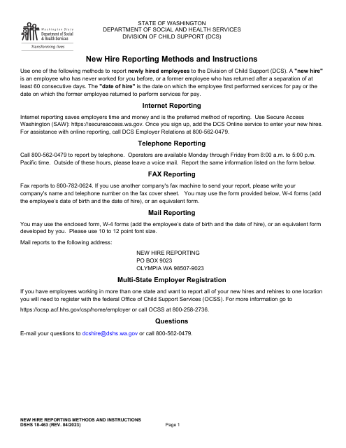 DSHS Form 18-463 New Hire Reporting Methods - Washington