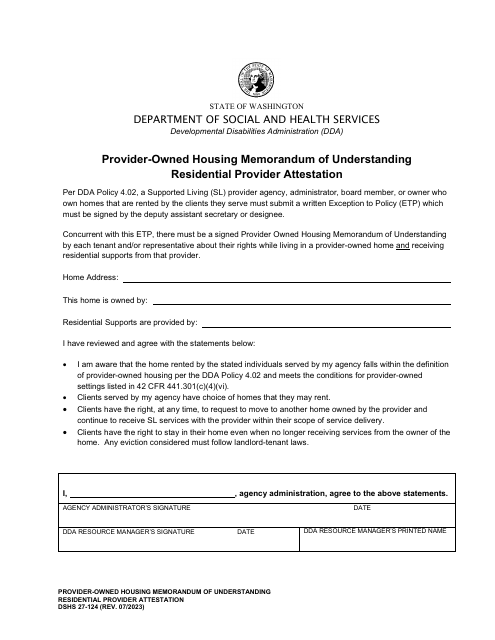 DSHS Form 27-124 Provider-Owned Housing Memorandum of Understanding Residential Provider Attestation - Washington