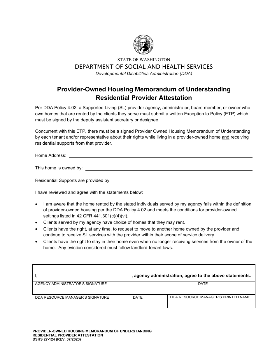 DSHS Form 27-124 Provider-Owned Housing Memorandum of Understanding Residential Provider Attestation - Washington, Page 1