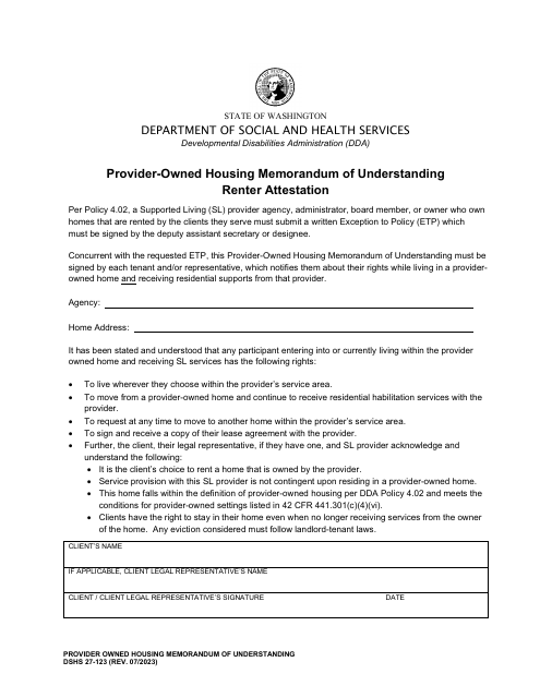 DSHS Form 27-123 Provider-Owned Housing Memorandum of Understanding Renter Attestation - Washington
