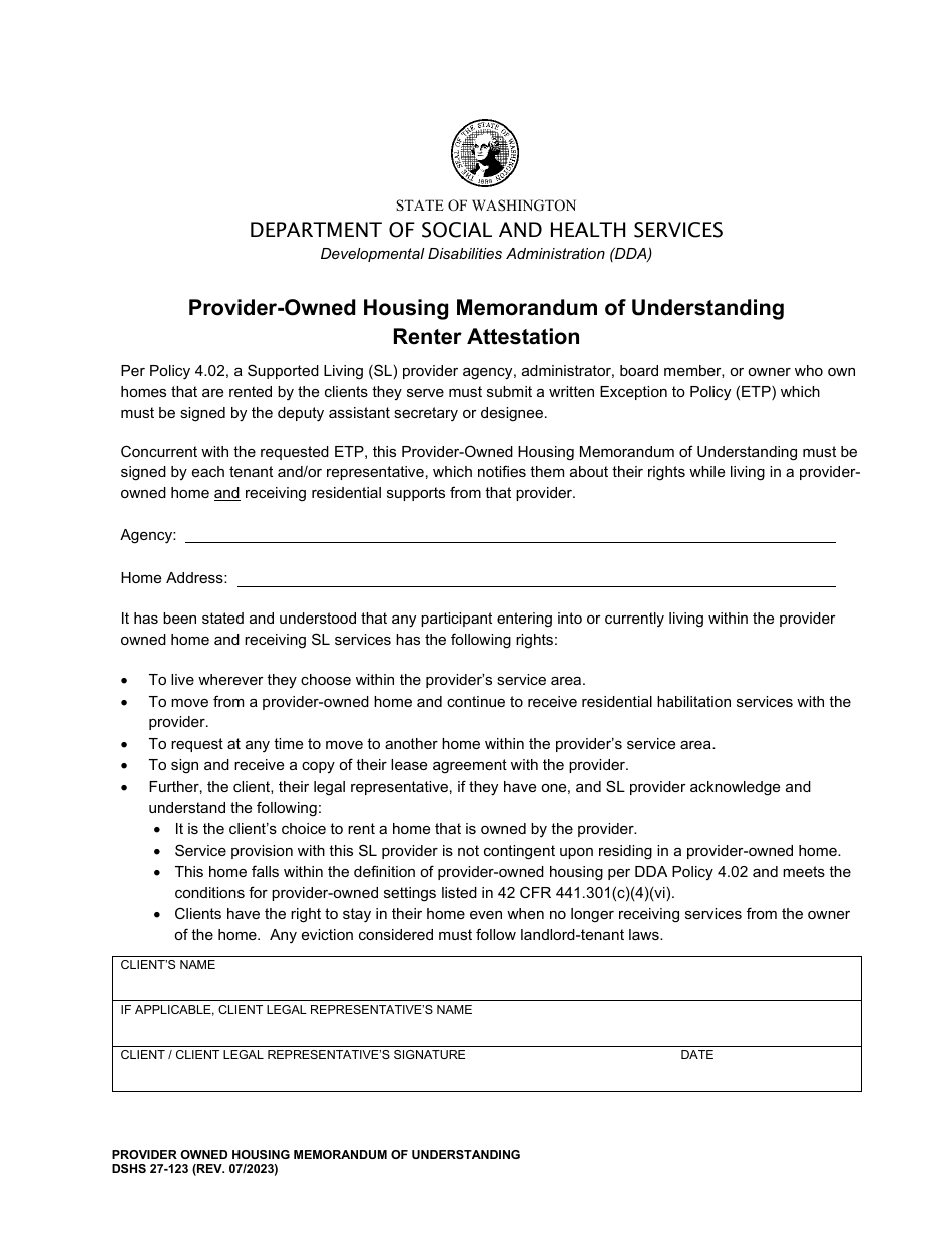 DSHS Form 27-123 Provider-Owned Housing Memorandum of Understanding Renter Attestation - Washington, Page 1