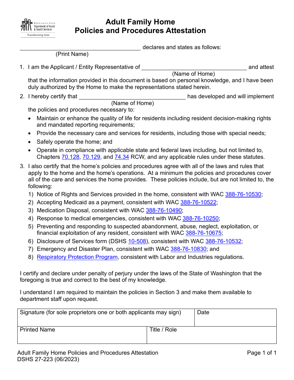 DSHS Form 27-223 Adult Family Home Policies and Procedures Attestation - Washington, Page 1