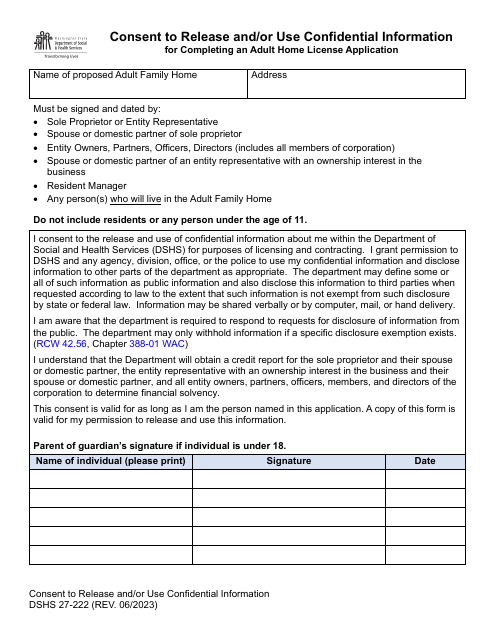 DSHS Form 27-222  Printable Pdf