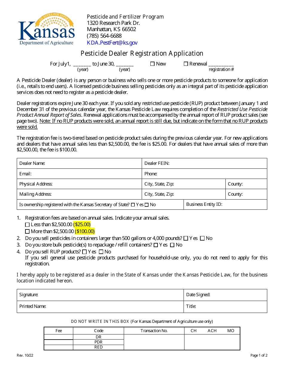 Pesticide Dealer Registration Application - Kansas, Page 1