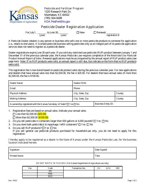 Pesticide Dealer Registration Application - Kansas Download Pdf