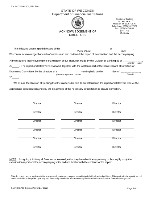 Form BKG735 Acknowledgement of Directors - Wisconsin