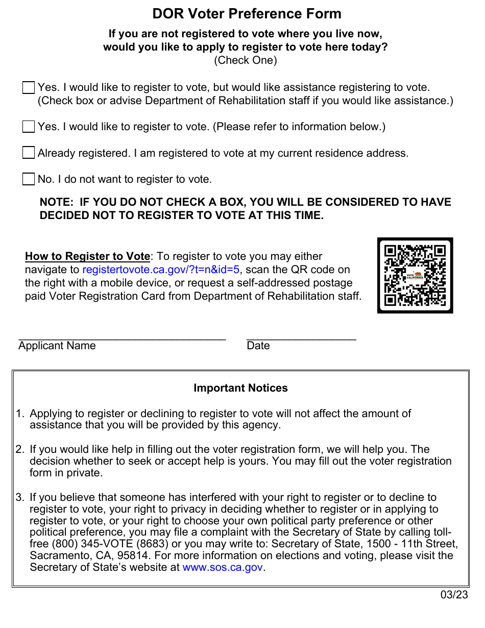 DOR Voter Preference Form - California, Page 1