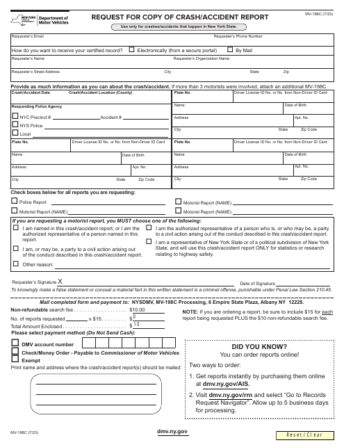 Form MV-198C Request for Copy of Crash/Accident Report - New York