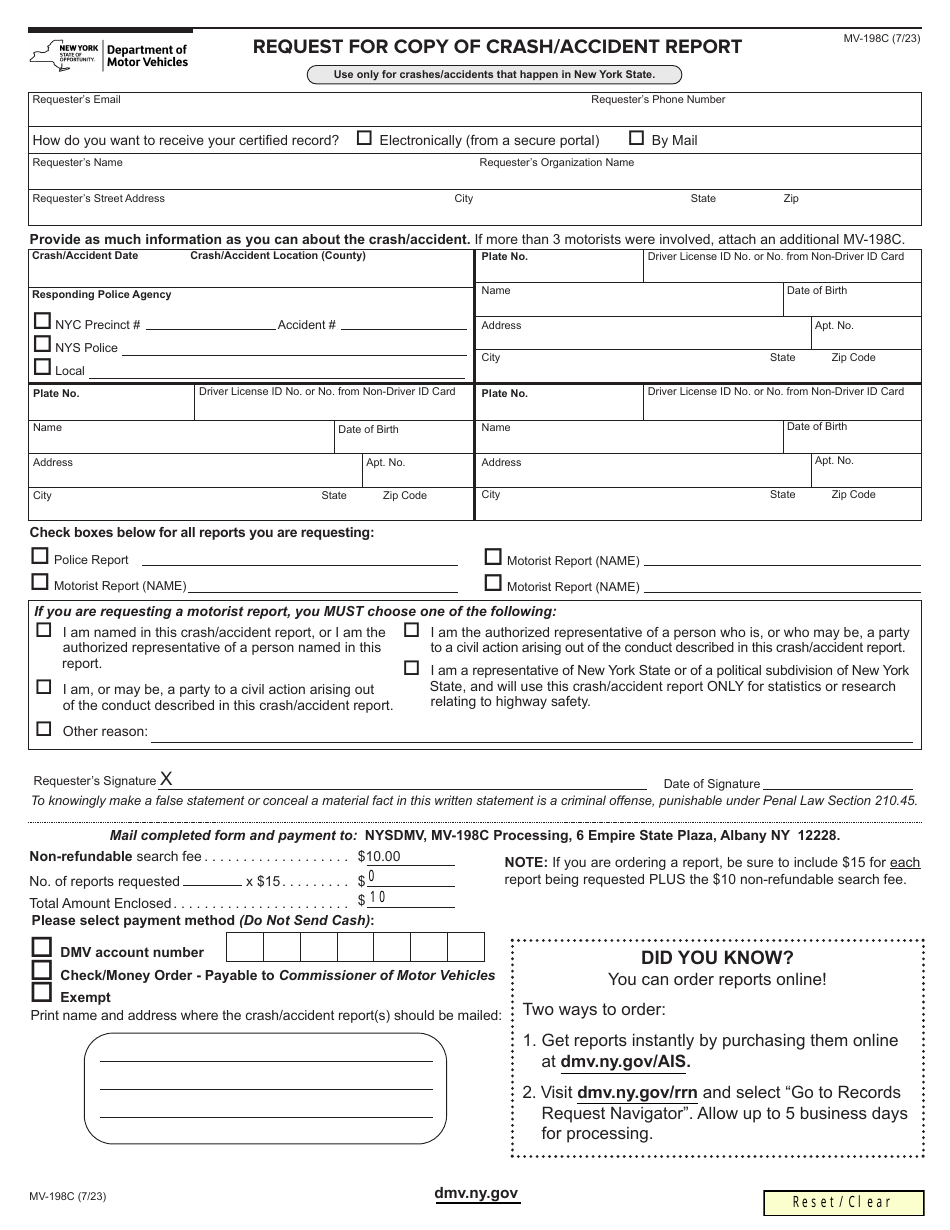 Form MV-198C Request for Copy of Crash / Accident Report - New York, Page 1