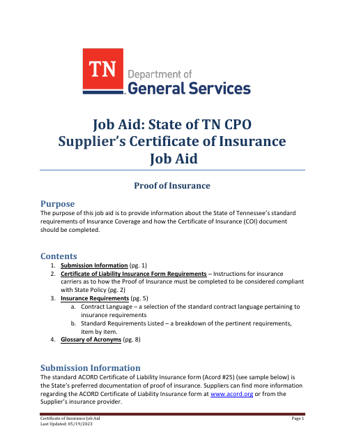 Certificate of Insurance Job Aid - Tennessee Download Pdf