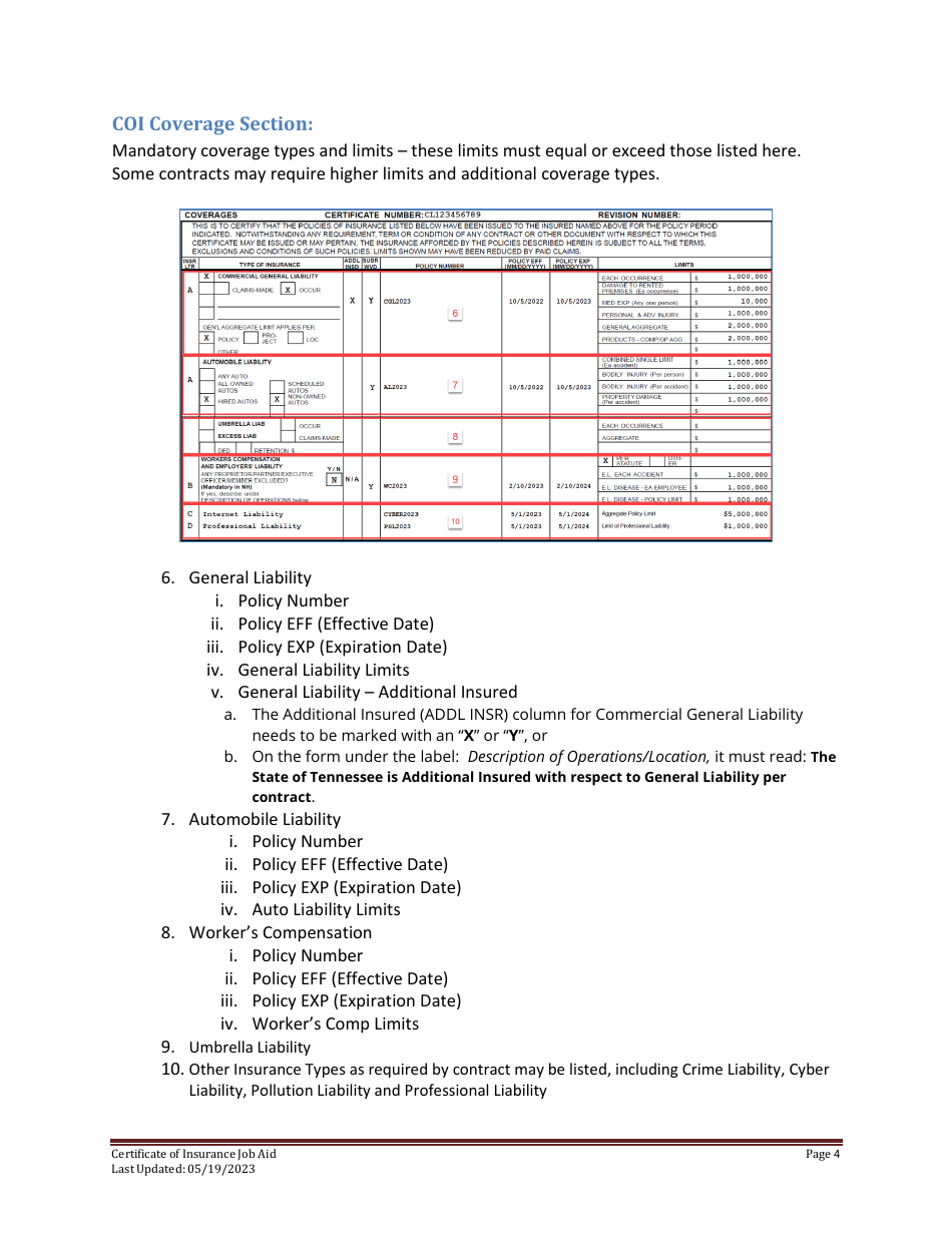 Certificate of Insurance Job Aid - Tennessee, Page 4