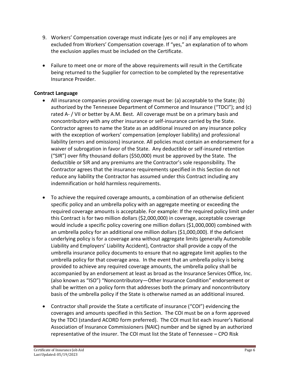Certificate of Insurance Job Aid - Tennessee, Page 6