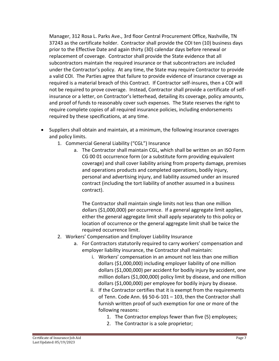 Certificate of Insurance Job Aid - Tennessee, Page 7