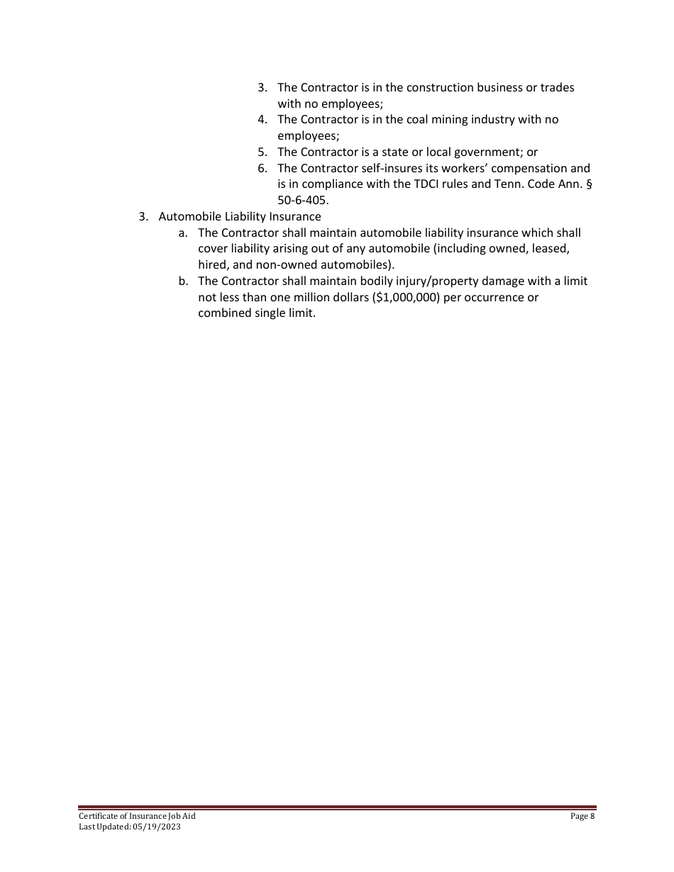 Certificate of Insurance Job Aid - Tennessee, Page 8