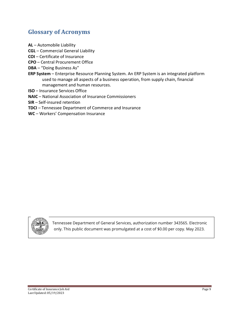 Certificate of Insurance Job Aid - Tennessee, Page 9