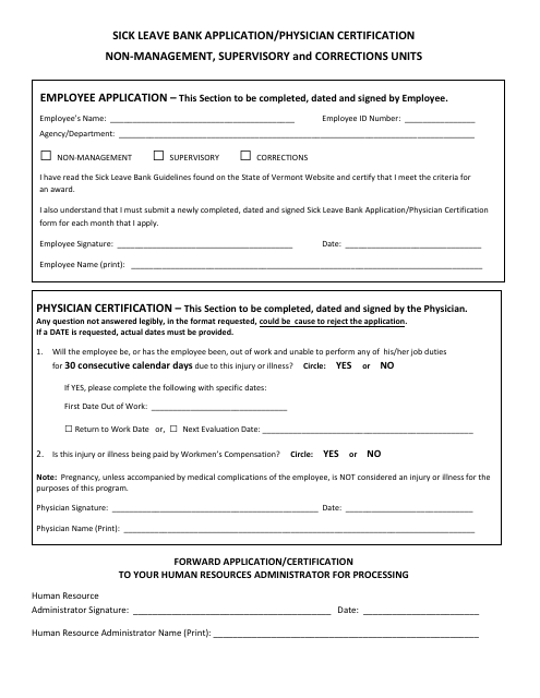 Sick Leave Bank Application / Physician Certification Non-management, Supervisory and Corrections Units - Vermont Download Pdf