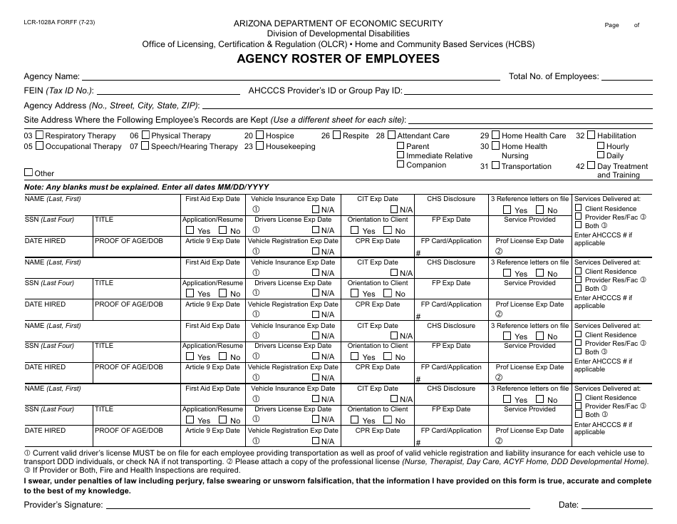 Form LCR-1028A Agency Roster of Employees - Arizona, Page 1