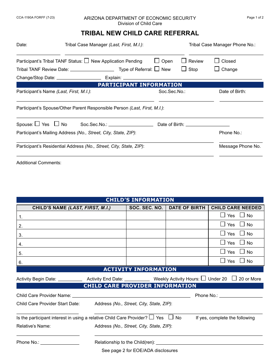 Form CCA-1190A Tribal New Child Care Referral - Arizona, Page 1